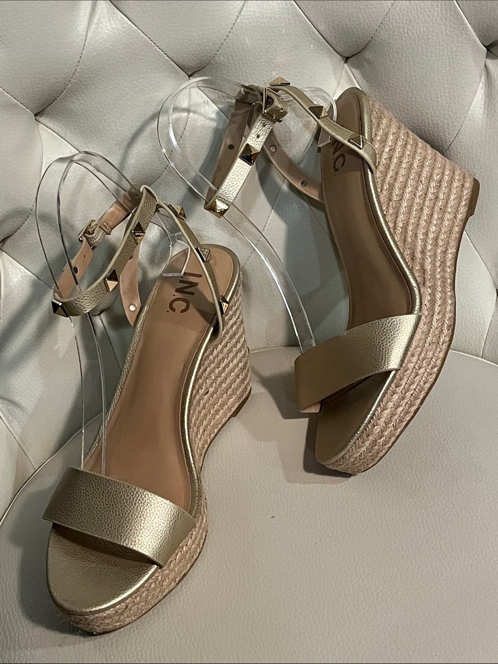 INC International Concepts Metallic Gold Studded strap Espadrille Wedges Size 8